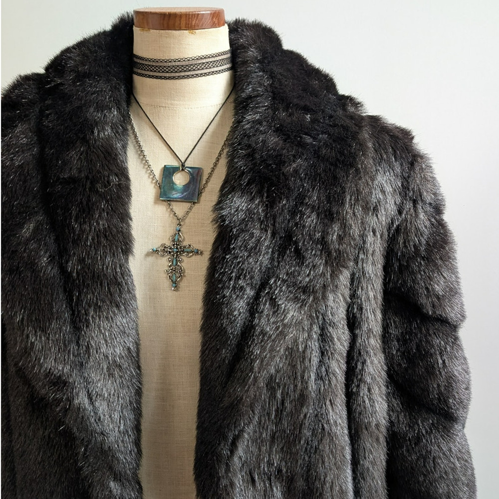 Vintage Black Faux Fur Coat Fur Trim Jacket Mob Wife Minimalist Goth Chic Medium - Picture 7 of 12